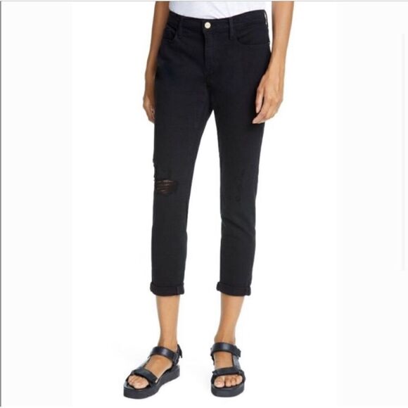 FRAME Le Garcon Black Boyfriend Distressed Straight Leg Jean NEW - Picture 1 of 13